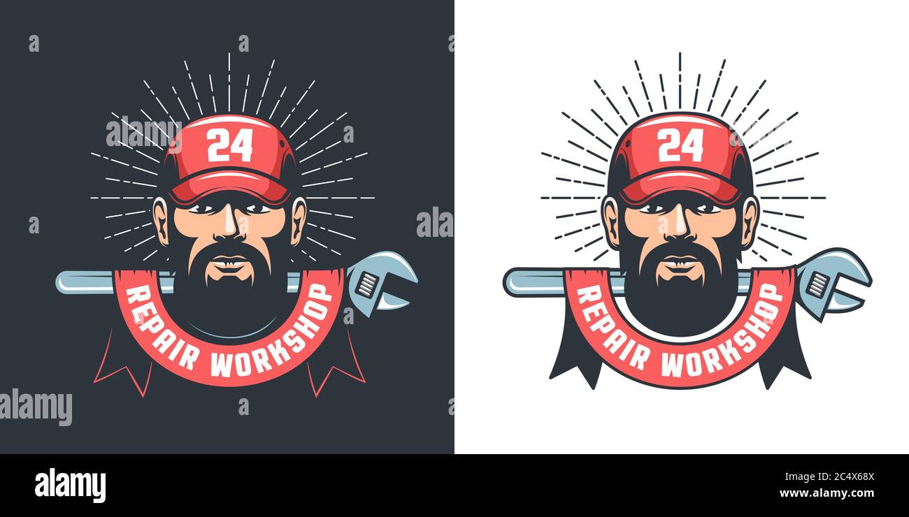 Panneau rétro d'atelier de réparation mécanique - poignée et clé réglable Illustration de Vecteur