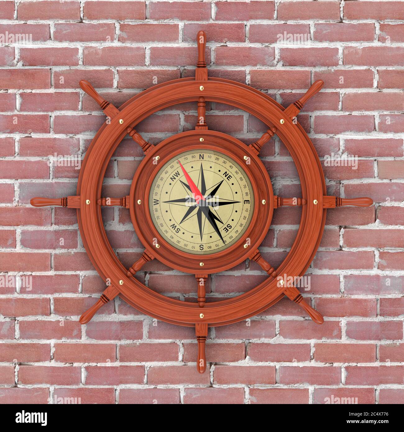 Rare Compass sous forme de volant de bateau en bois d'époque devant un mur de briques. Rendu 3d Banque D'Images