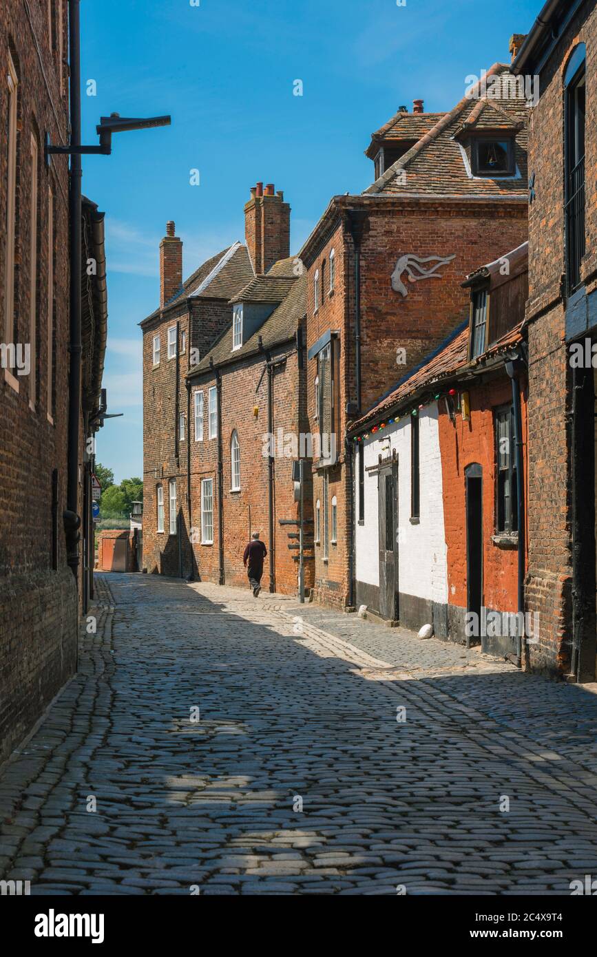 Bâtiments historiques de Kings Lynn, vue le long de King's Staithe Lane vers la vieille ville historique en bord de mer de King's Lynn, Norfolk, Royaume-Uni. Banque D'Images