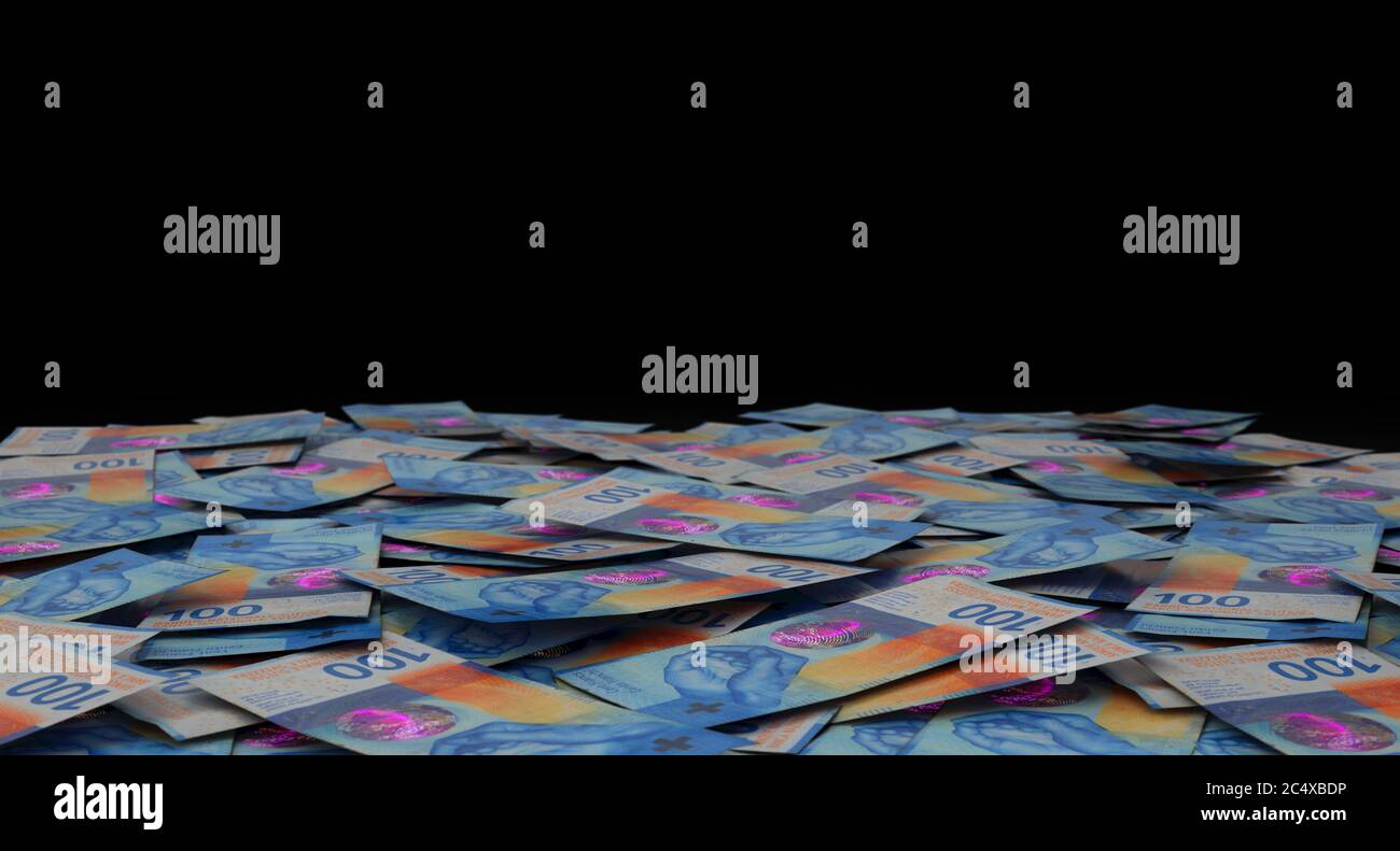 Vue rapprochée d'une pile dispersée de billets de banque en franc suisse - rendu 3D Banque D'Images
