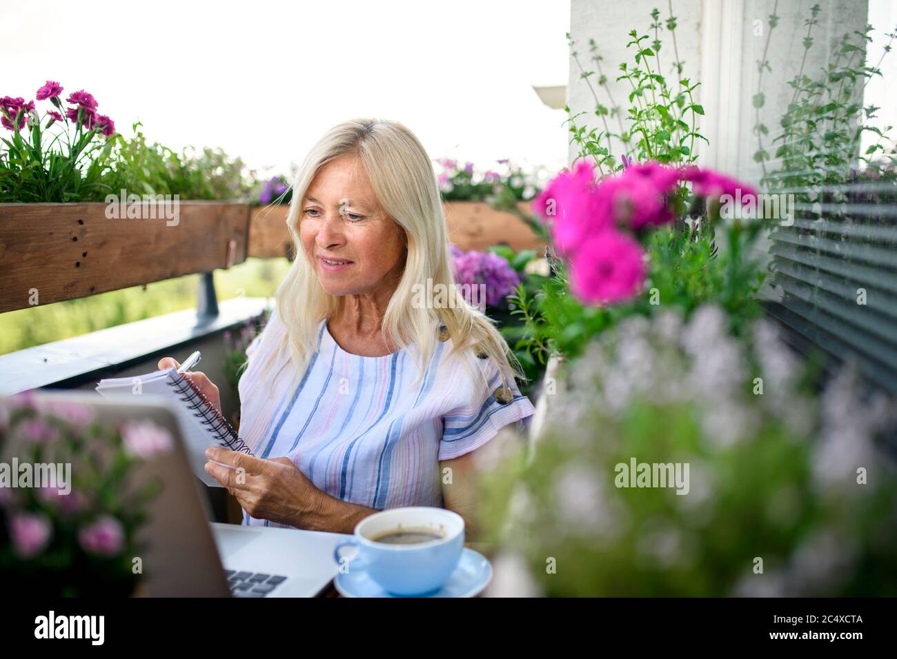 Femme âgée active avec ordinateur portable travaillant sur balcon, bureau à domicile. Banque D'Images