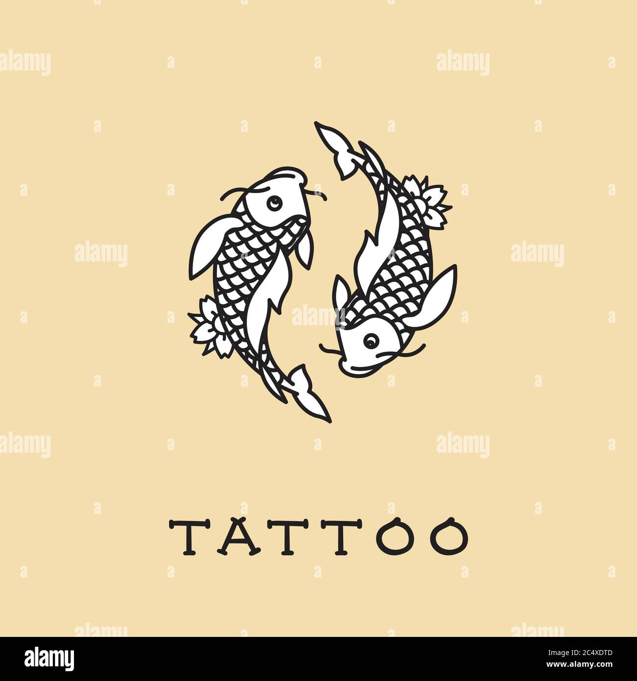 deux poissons koï nageant autour d'une illustration dessinée dans la technique de l'ancienne école, flash tatouage art Illustration de Vecteur