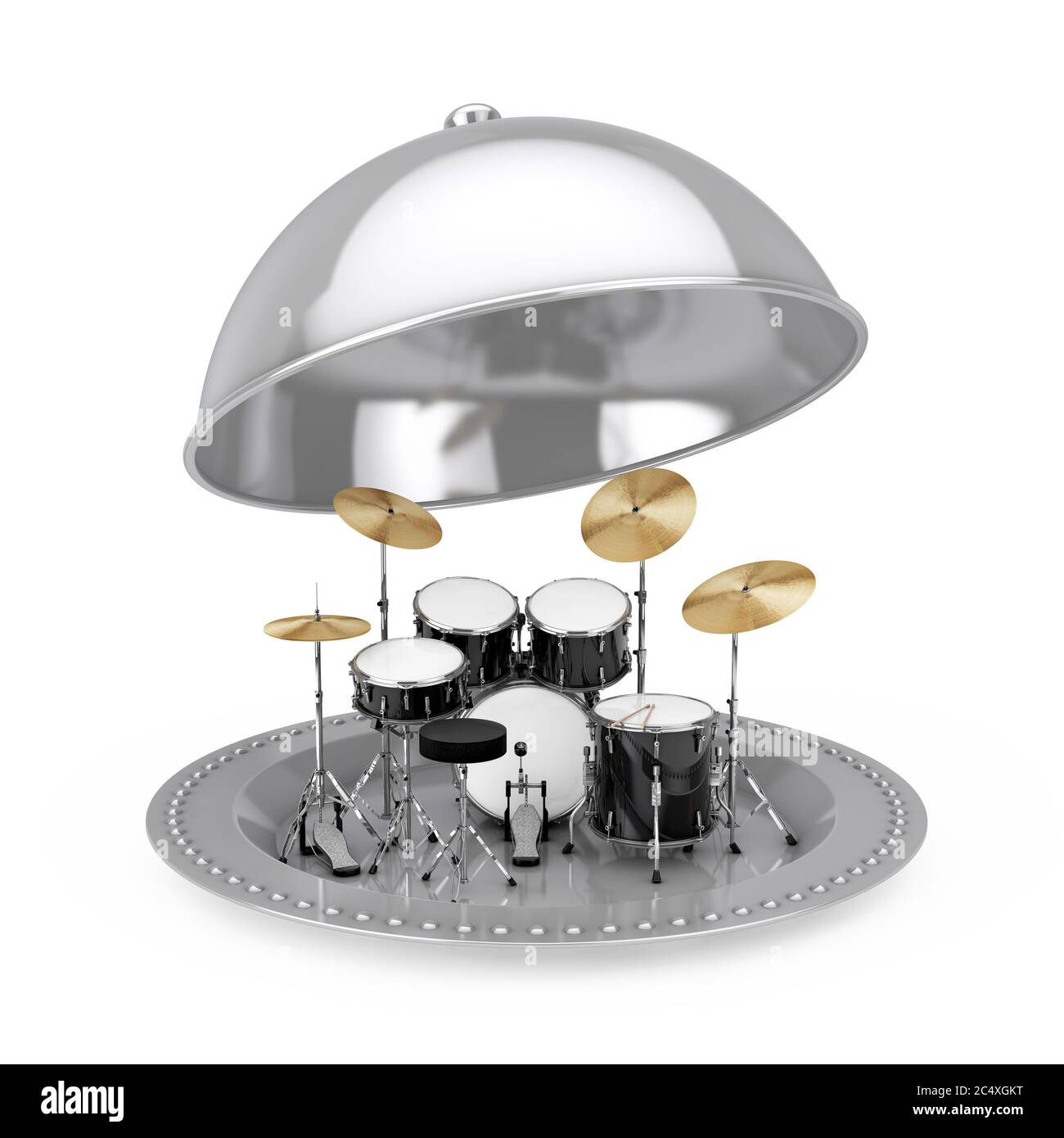 Kit tambour noir Rock professionnel à l'intérieur du Silver Restaurant cloche sur fond blanc. Rendu 3d Banque D'Images