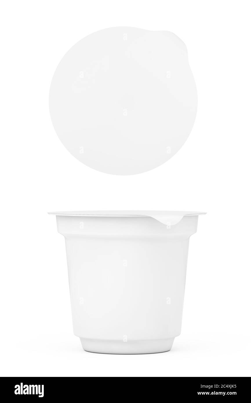 Emballages blancs vierges pour yaourts, crèmes glacées ou desserts sur fond blanc. Rendu 3d Banque D'Images Emballages blancs vierges pour yaourts, crèmes glacées ou desserts sur fond blanc. Rendu 3d Banque D'Images