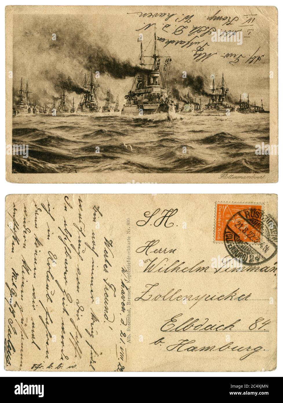 Carte postale historique allemande : manœuvres de la Marine impériale allemande, une armada de navires de guerre dans la campagne. Inscription manuscrite. Empire allemand, 1922 Banque D'Images