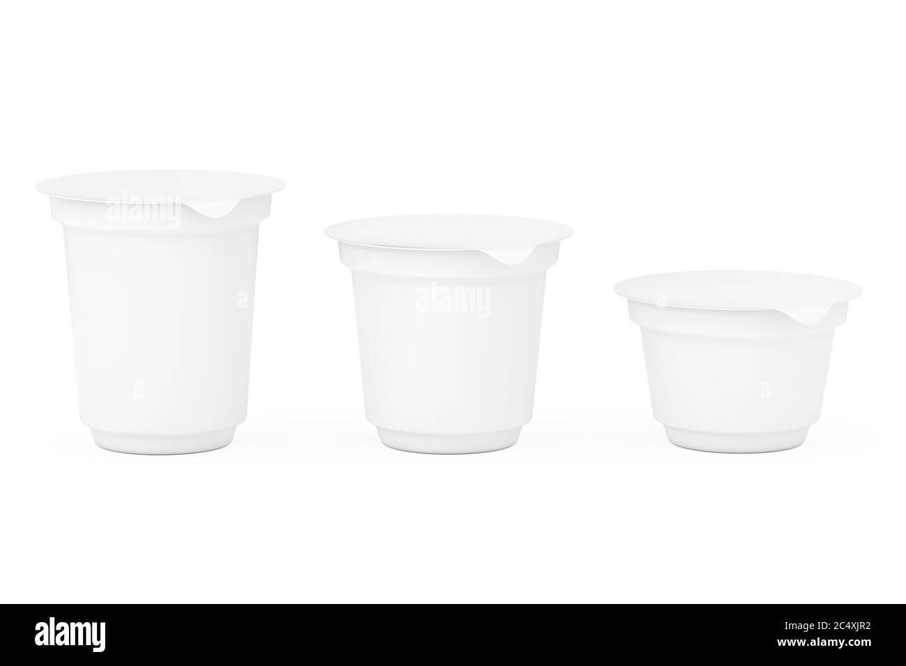 Emballages blancs vierges pour yaourts, crèmes glacées ou desserts sur fond blanc. Rendu 3d Banque D'Images Emballages blancs vierges pour yaourts, crèmes glacées ou desserts sur fond blanc. Rendu 3d Banque D'Images