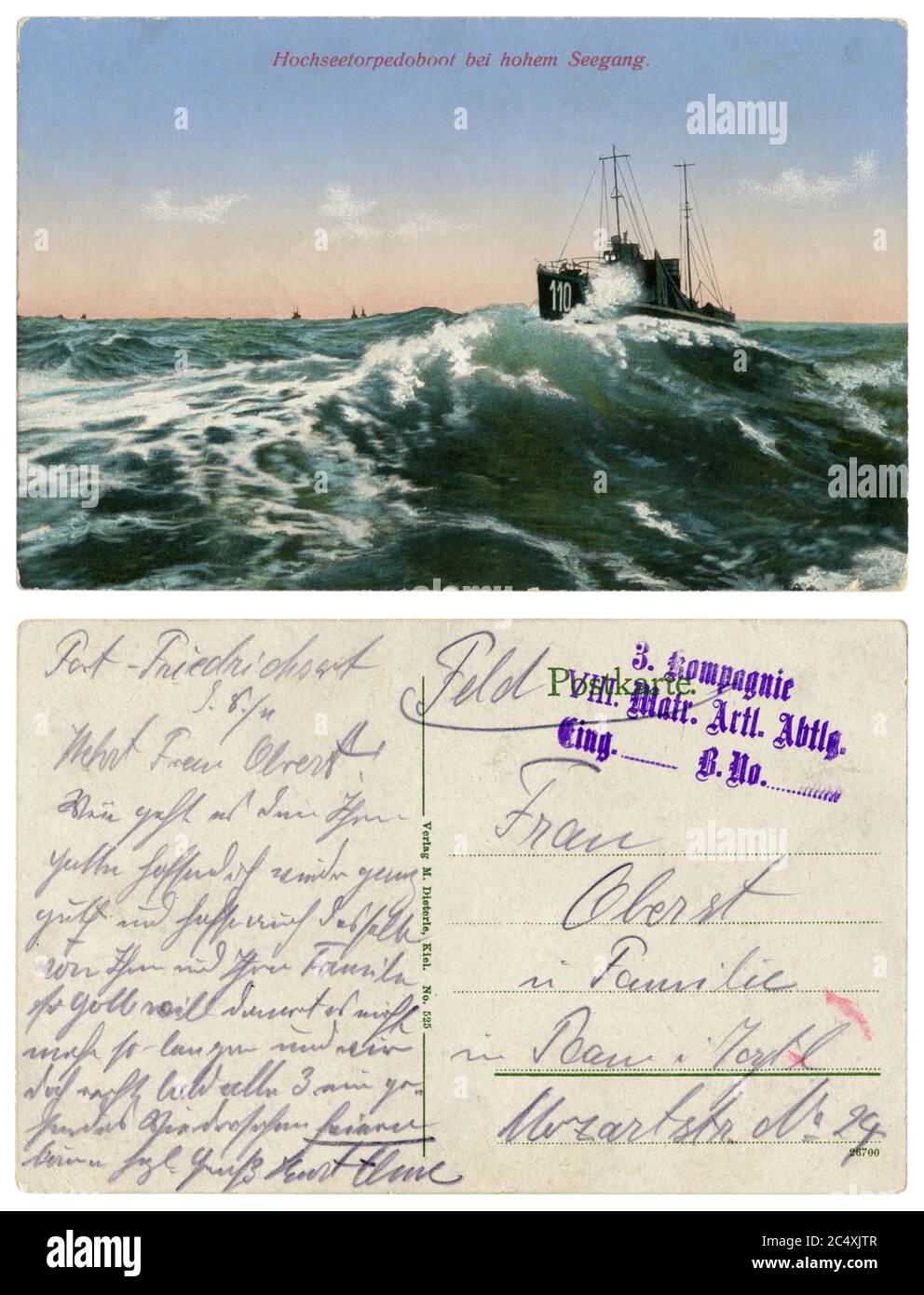 Carte postale photo colorisée historique allemande: Torpedo bateau n° 110 sur une grande vague dans la mer ouverte, Imperial German Navy, World War One 1914-18, inverse Banque D'Images