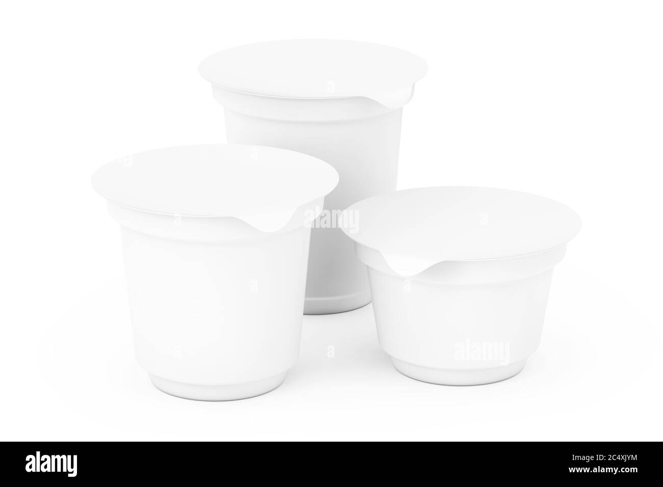 Emballages blancs vierges pour yaourts, crèmes glacées ou desserts sur fond blanc. Rendu 3d Banque D'Images Emballages blancs vierges pour yaourts, crèmes glacées ou desserts sur fond blanc. Rendu 3d Banque D'Images