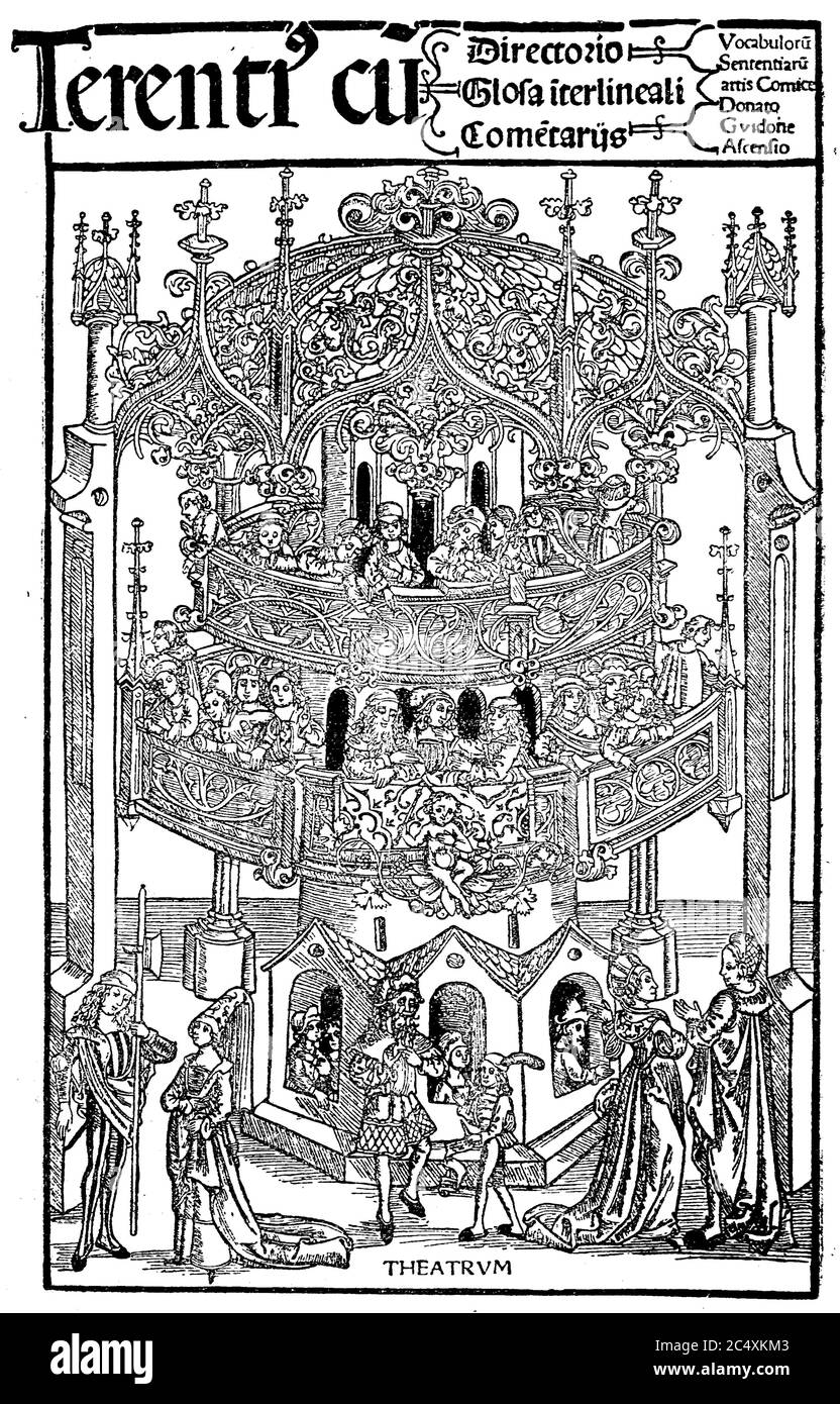 Représentation théâtrale, coupe de bois de Terence, Johann Grueninger, 1496 / Theaterauffuehrung, Titelholzschnitt zu Terentius, Johann Grueninger, 1496 Banque D'Images