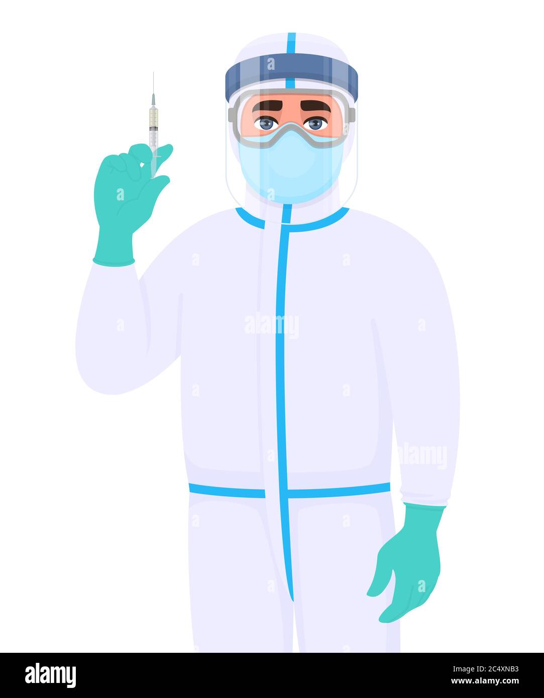 Médecin en combinaison de protection de sécurité et tenant l'aiguille de seringue médicale.Le chirurgien montrant la médecine d'injection.Médecin portant un EPI. Illustration de Vecteur