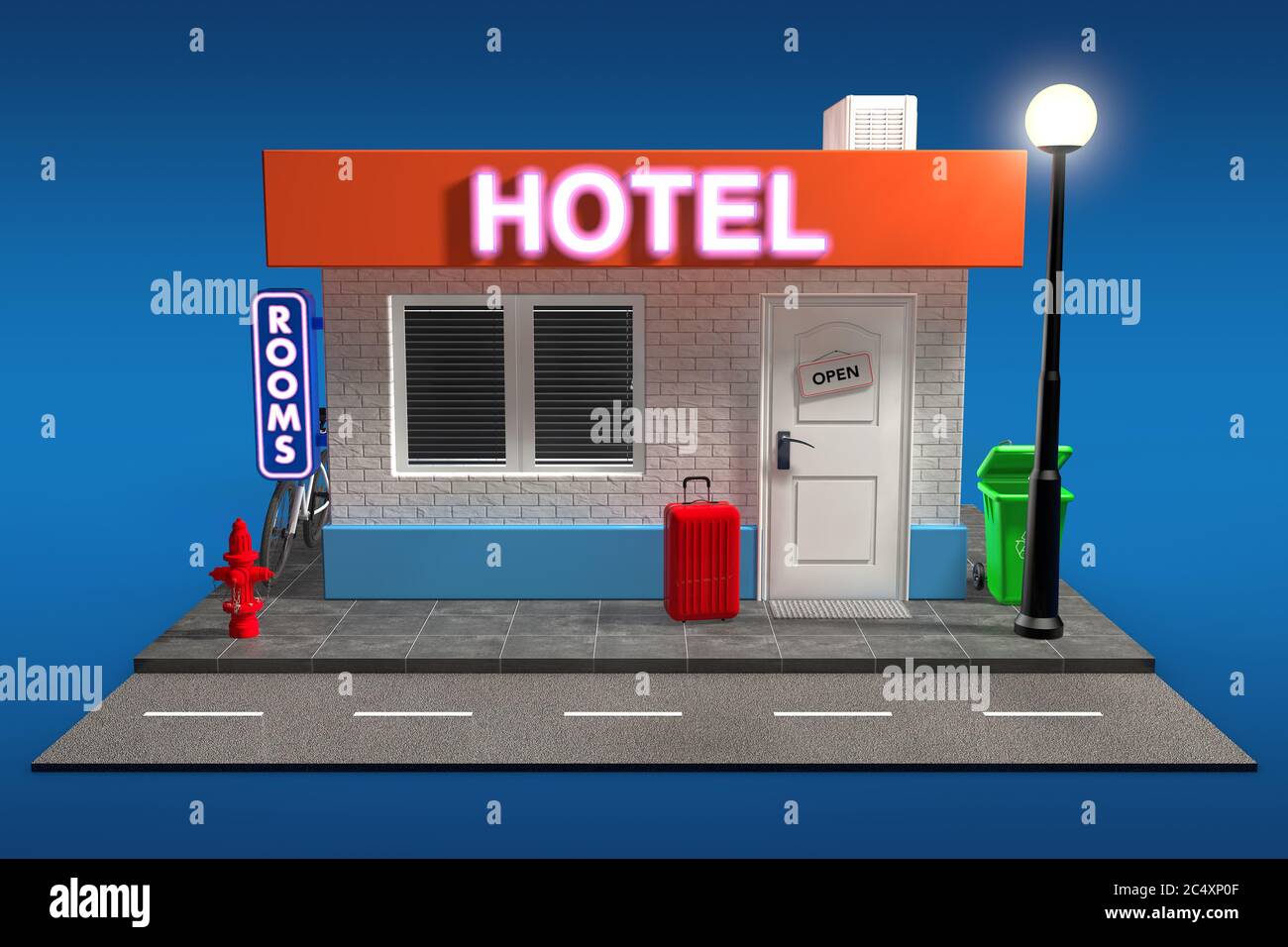 Résumé Toy Cartoon Hotel bâtiment sur fond bleu. Rendu 3d Banque D'Images