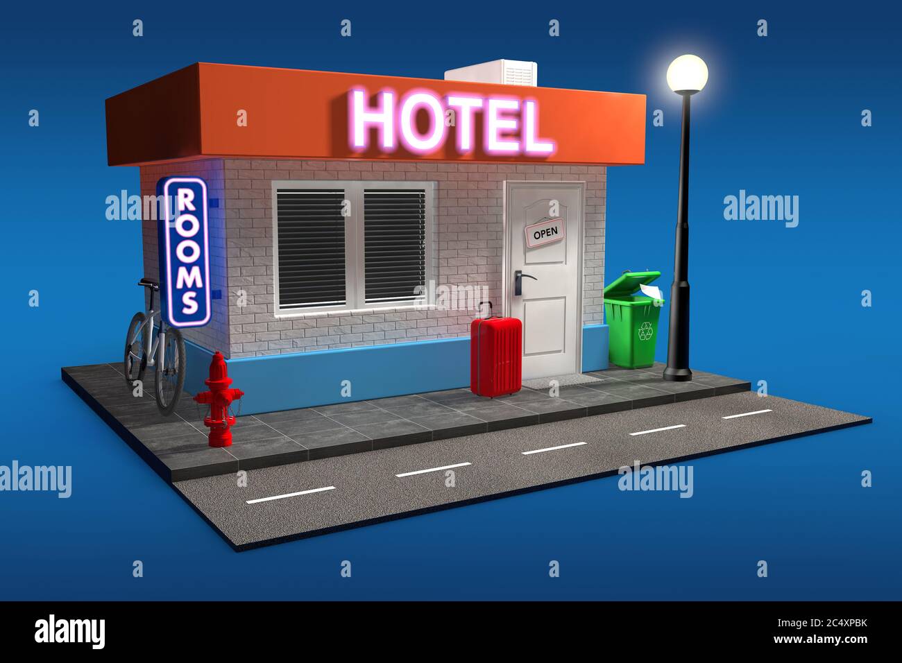 Résumé Toy Cartoon Hotel bâtiment sur fond bleu. Rendu 3d Banque D'Images