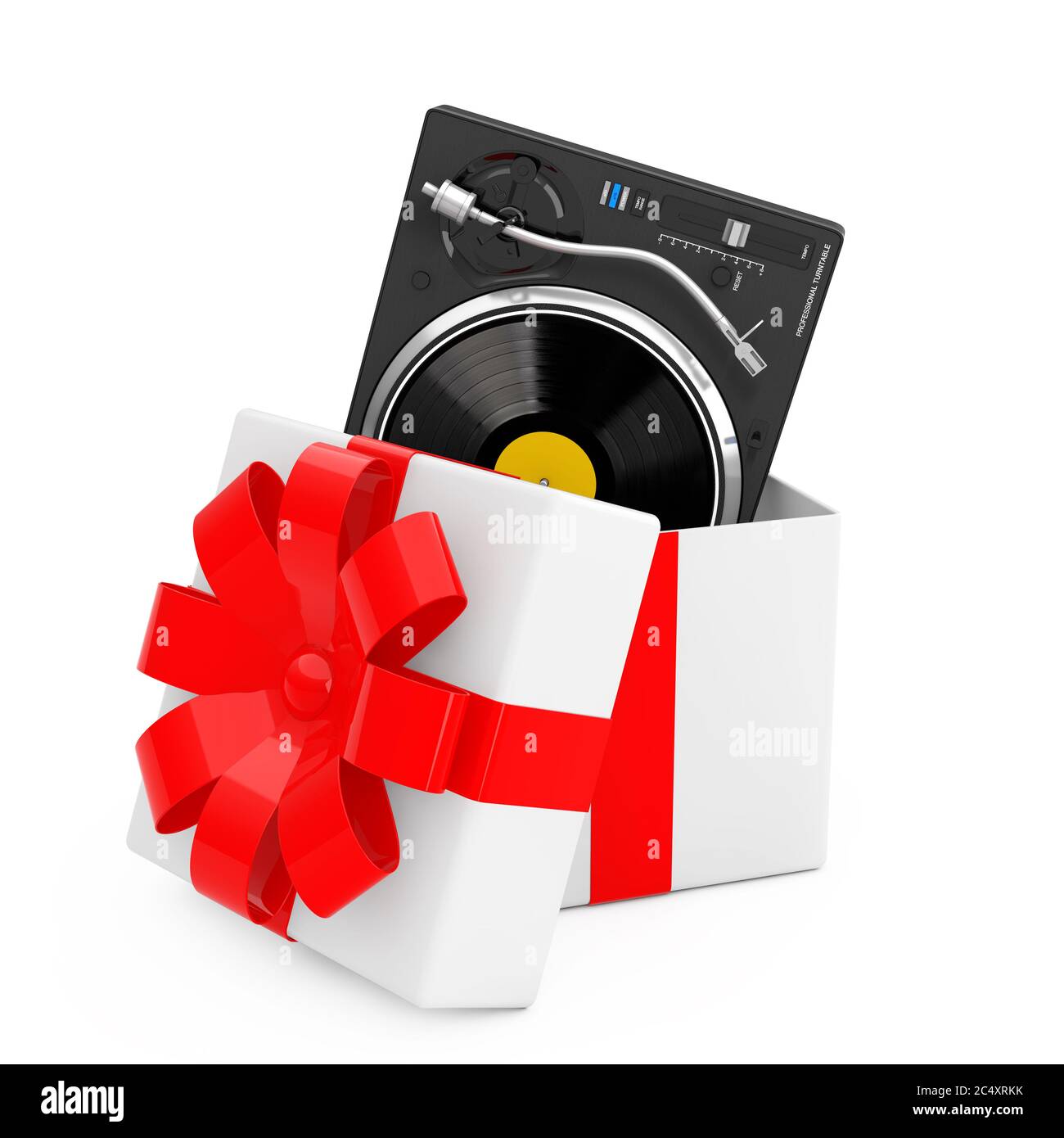 Lecteur de disques en vinyle platine DJ professionnel sortir de la boîte cadeau avec ruban rouge sur fond blanc. Rendu 3d Banque D'Images