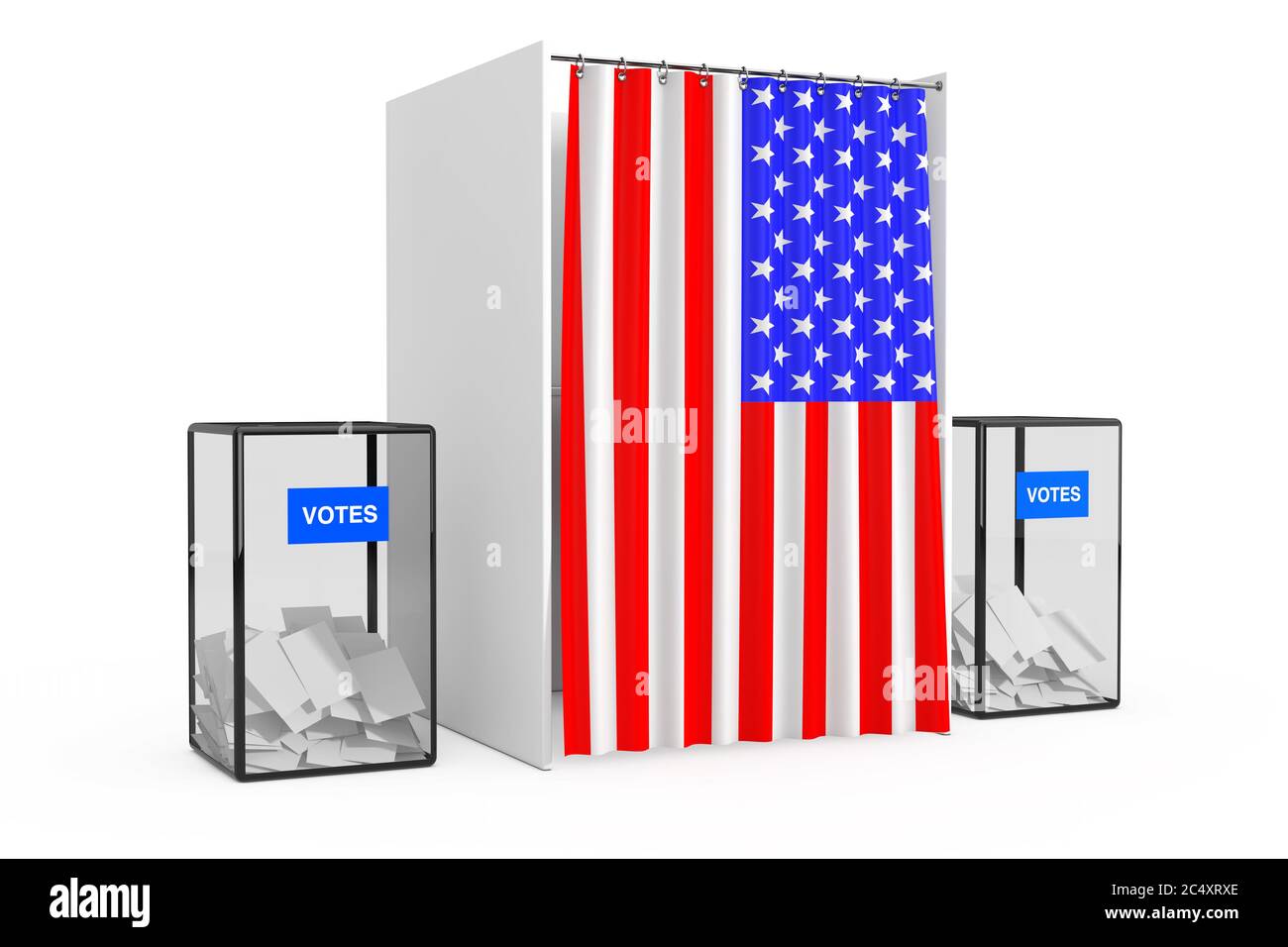 Urnes près du kiosque blanc avec rideau et drapeau des États-Unis sur fond blanc. Rendu 3d Banque D'Images