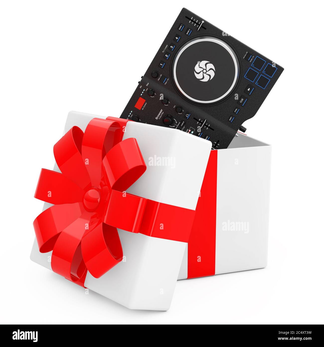 Ensemble de DJ moderne noir mélangeur plateau sortir de la boîte cadeau avec ruban rouge sur fond blanc. Rendu 3d Banque D'Images