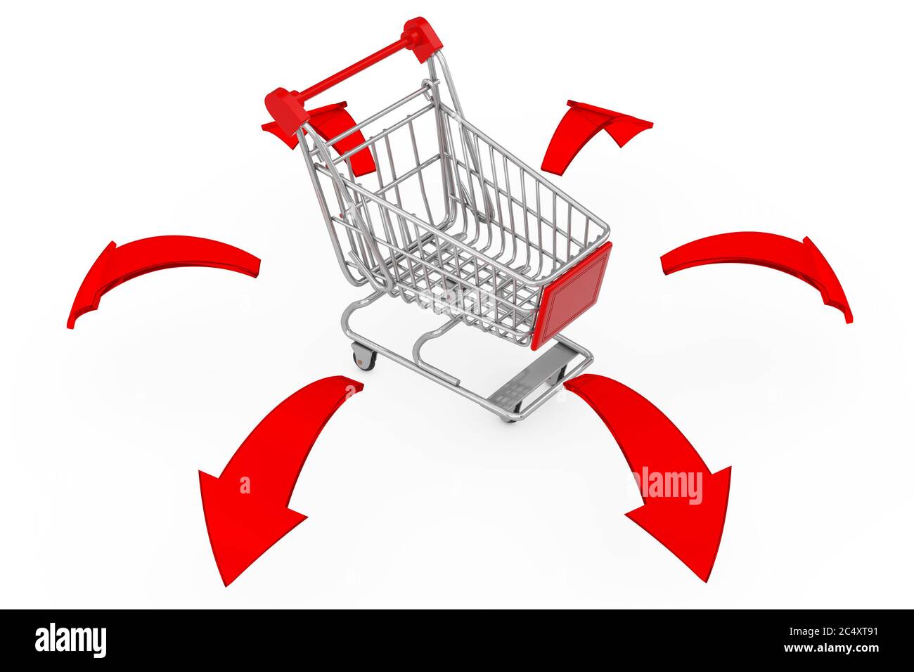 Concept global Shopping. Chariot à chariots avec flèches rouges sur fond blanc. Rendu 3d Banque D'Images