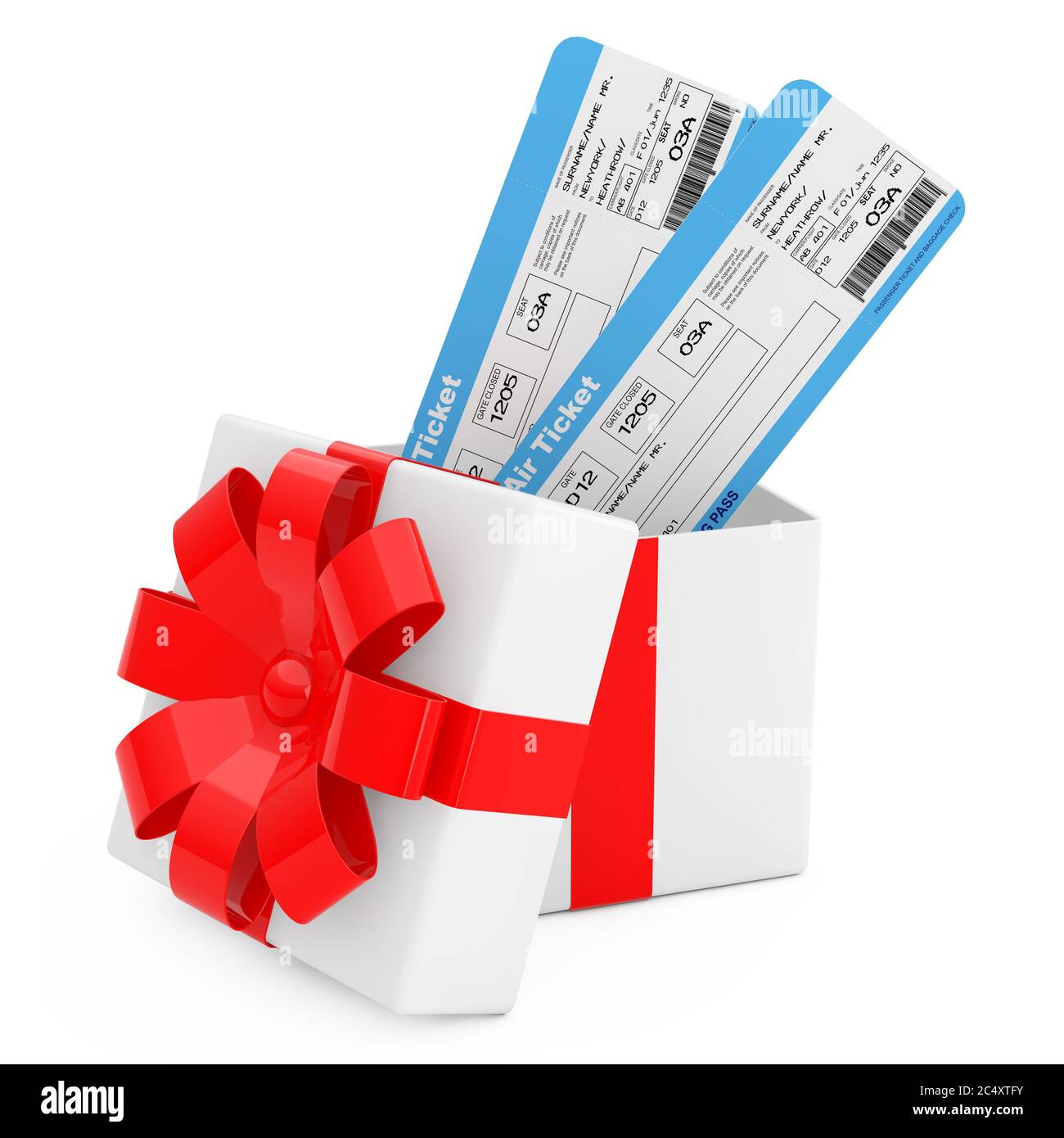 Les billets d'embarquement des compagnies aériennes sortent de la boîte cadeau avec ruban rouge sur fond blanc. Rendu 3d Banque D'Images
