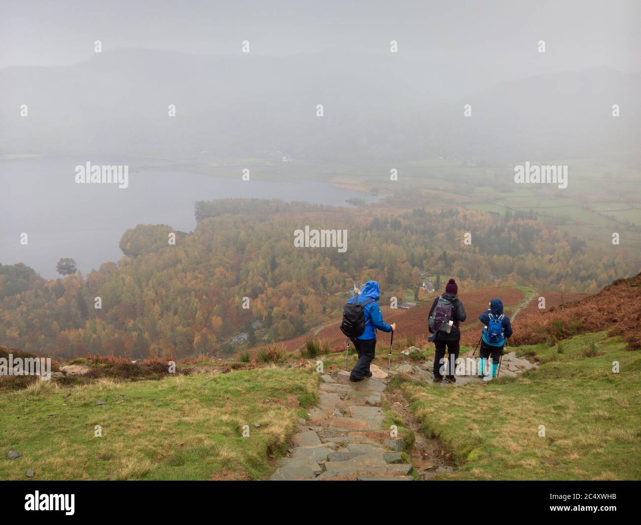 Des marcheurs ont fait des chutes en descendant des Cat Bells dans Borrowdale avec Derwent Water au-delà dans le parc national de Lake District, Cumbria, Angleterre. Banque D'Images