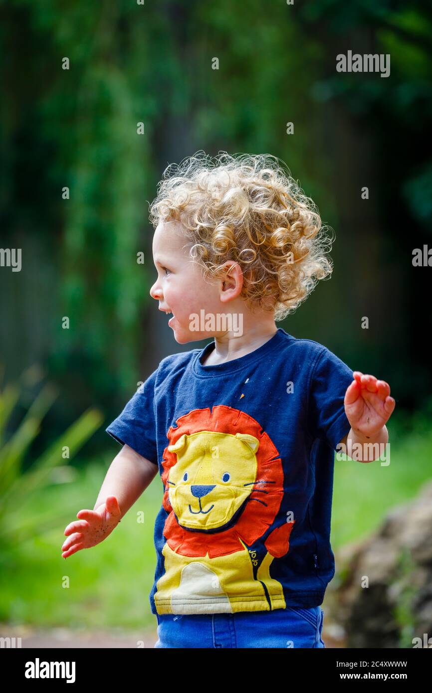 Un petit garçon caucasien heureux de 18 mois avec des cheveux bouclés bouclés et des cheveux justes portant un t-shirt bleu avec un motif lion coloré, en regardant latéralement Banque D'Images