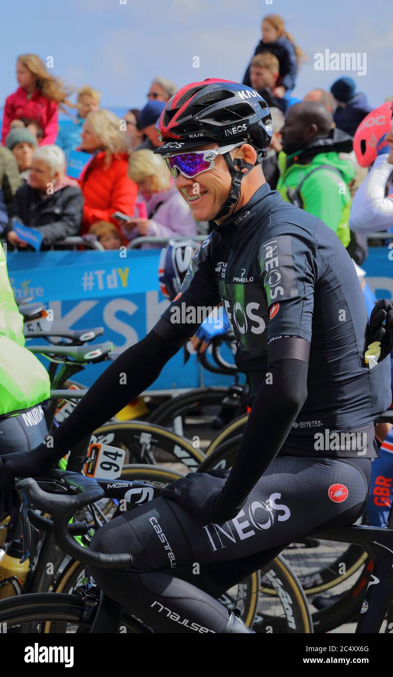 Chris Froome se détend au Tour de Yorkshire, Bridlington, East Riding of Yorkshire, Royaume-Uni, mai 4 2019. Banque D'Images