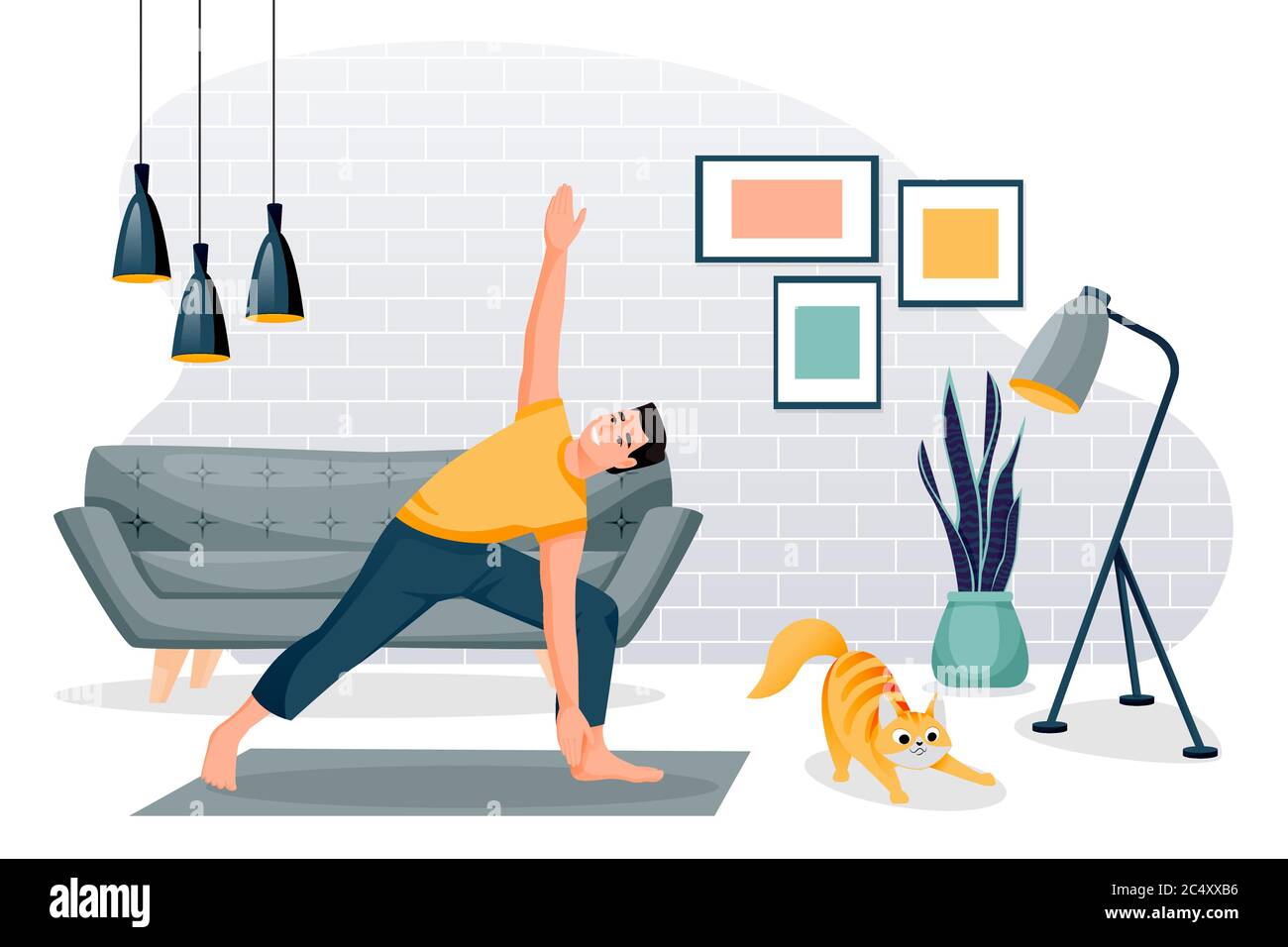 Guy se tient dans le triangle pose trikonasana. Pratique d'exercice de yoga à domicile. Homme et chat rouge mignon entraînement dans la chambre moderne loft. Illustration des caractères vectoriels Illustration de Vecteur