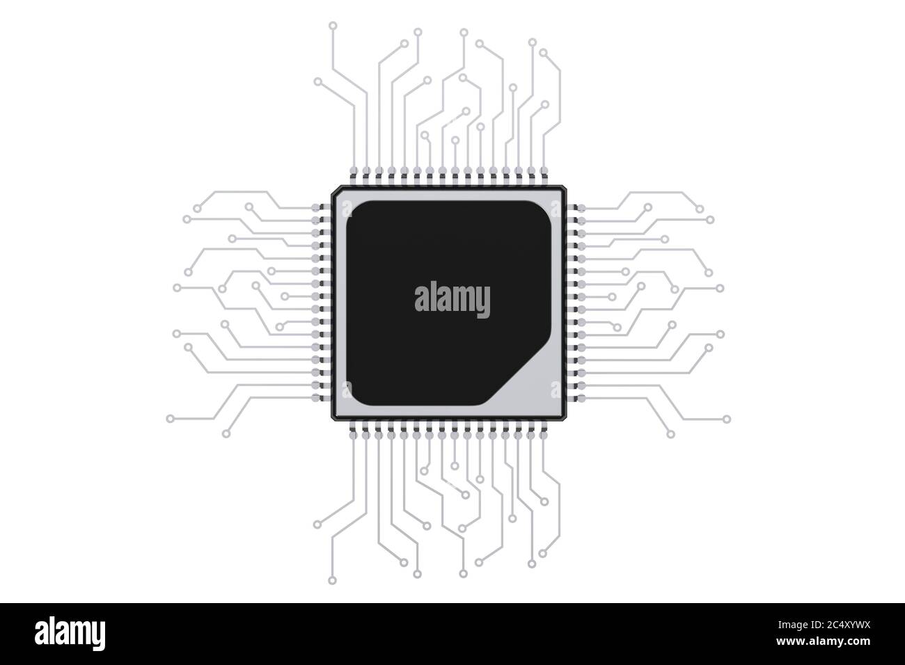 Processeur Microchip avec circuit sur fond blanc. Rendu 3d Banque D'Images