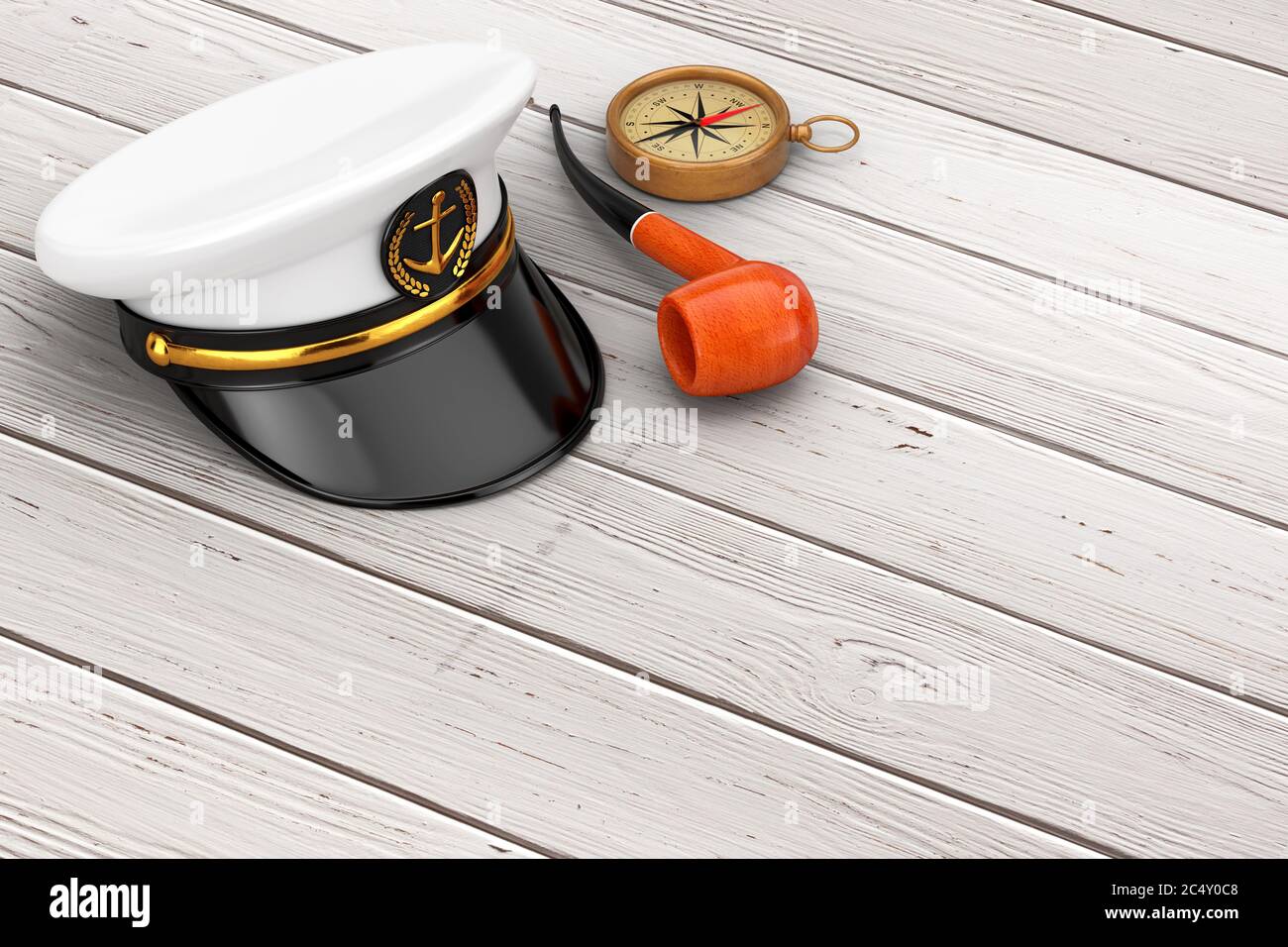 Officier de marine, amiral, navire de la marine Captain Hat avec pipe de tabac de fumer d'époque et boussole de laiton sur une table en bois. Rendu 3d Banque D'Images