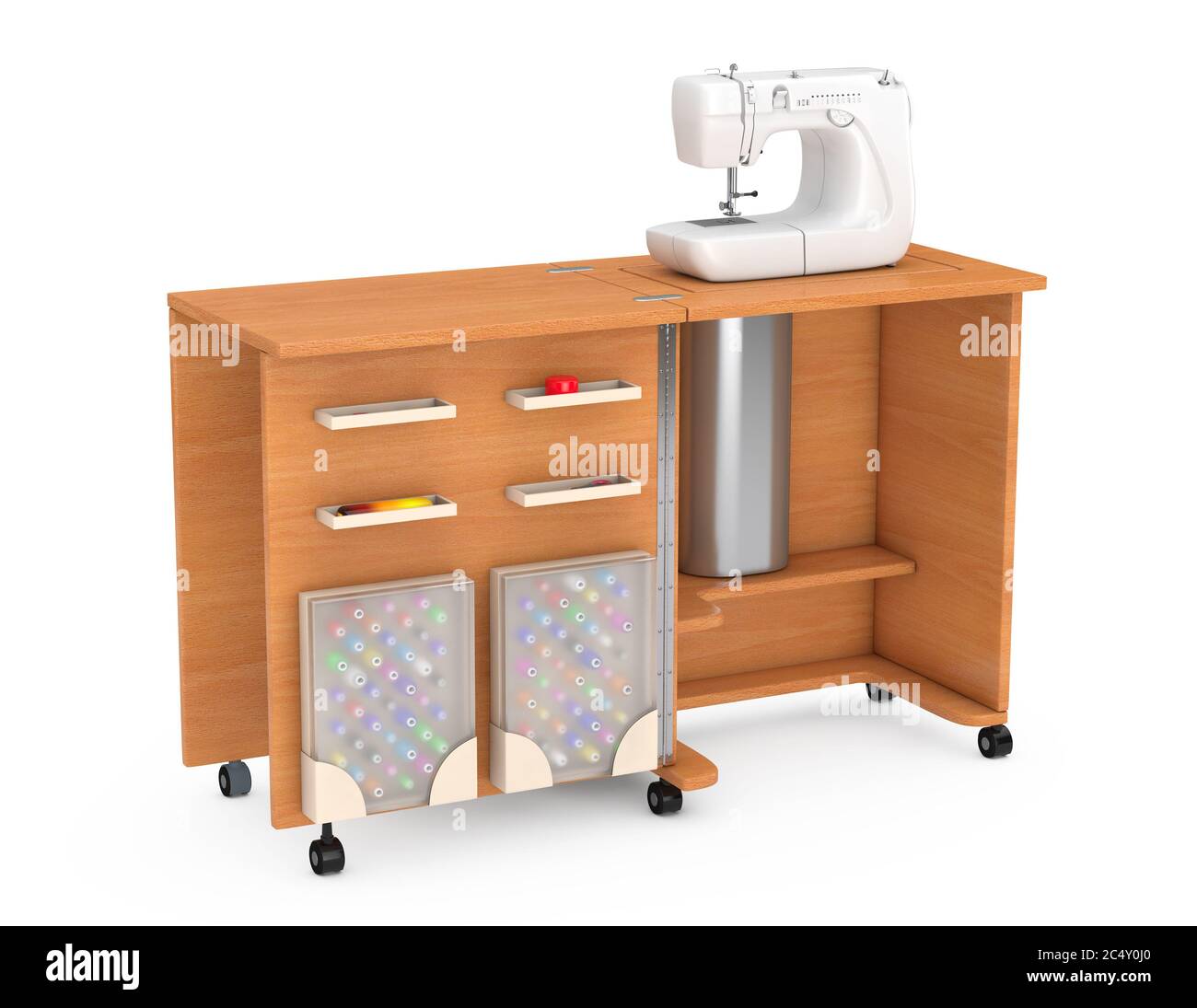 Machine à coudre sur une table en bois sur un fond blanc. Rendu 3d Banque D'Images