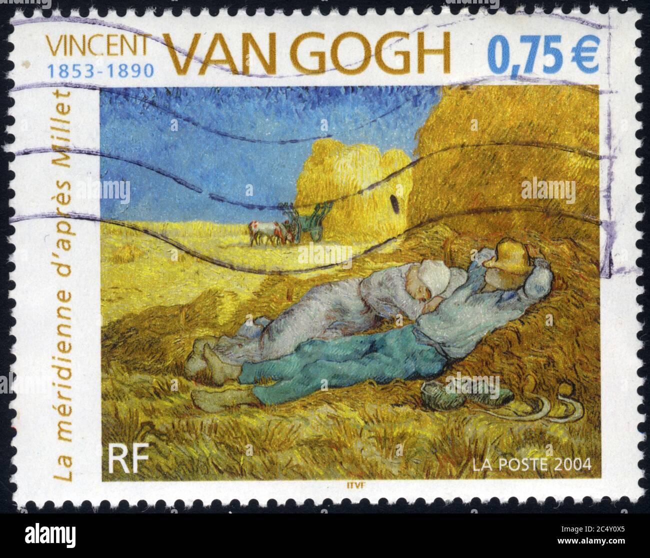 Timbre oblitéré Vincent van Gogh. 1853-1890. La méridienne d'après Millet. La poste. 2004 0,75 €. RF Banque D'Images