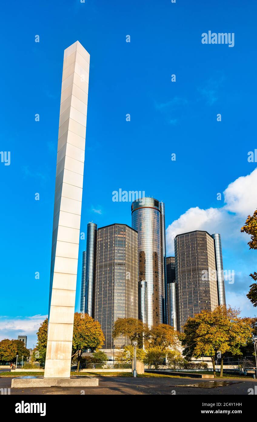 Sculpture sur pylône à Hart Plaza dans le centre-ville de Detroit Banque D'Images