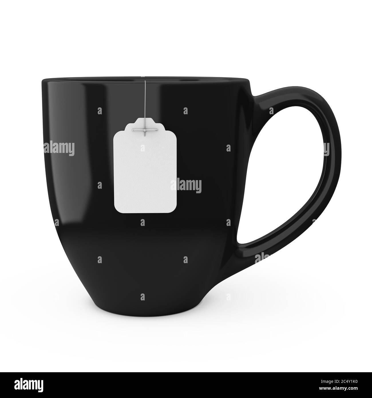 Tasse de thé noire avec étiquette de sac de thé blanc vierge maquette sur fond blanc. Rendu 3d Banque D'Images
