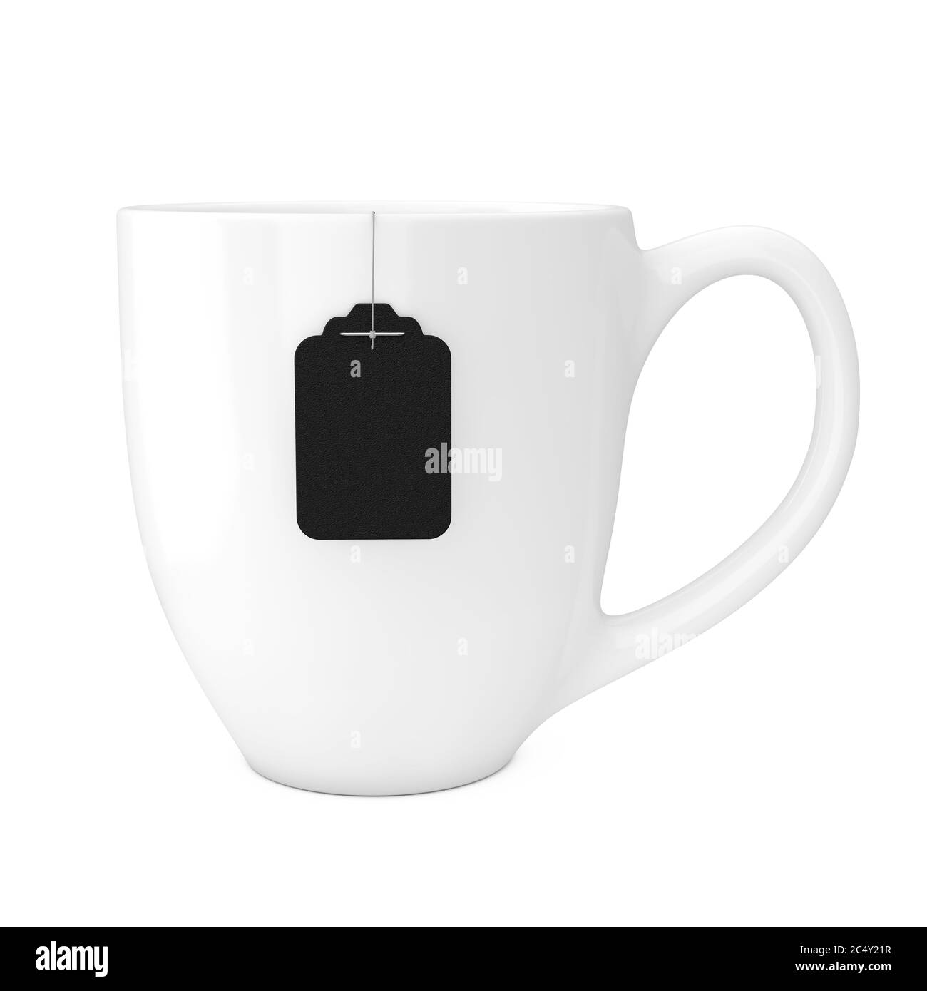 Tasse de thé blanc avec étiquette de sac de thé noir vierge maquette sur fond blanc. Rendu 3d Banque D'Images