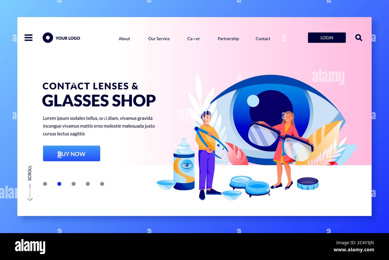 Modèle de conception de bannière pour magasin optique. Les gens choisissent des lunettes et des lentilles de contact. Illustration de caractères de dessin animé plats vectoriels. Contrôle de la vue, œil Illustration de Vecteur