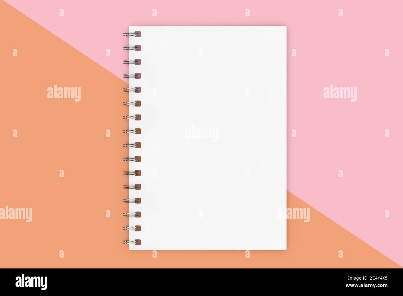 Cahier maquette en papier spirale blanc fermé sur fond diagonal rose. Rendu 3d Banque D'Images