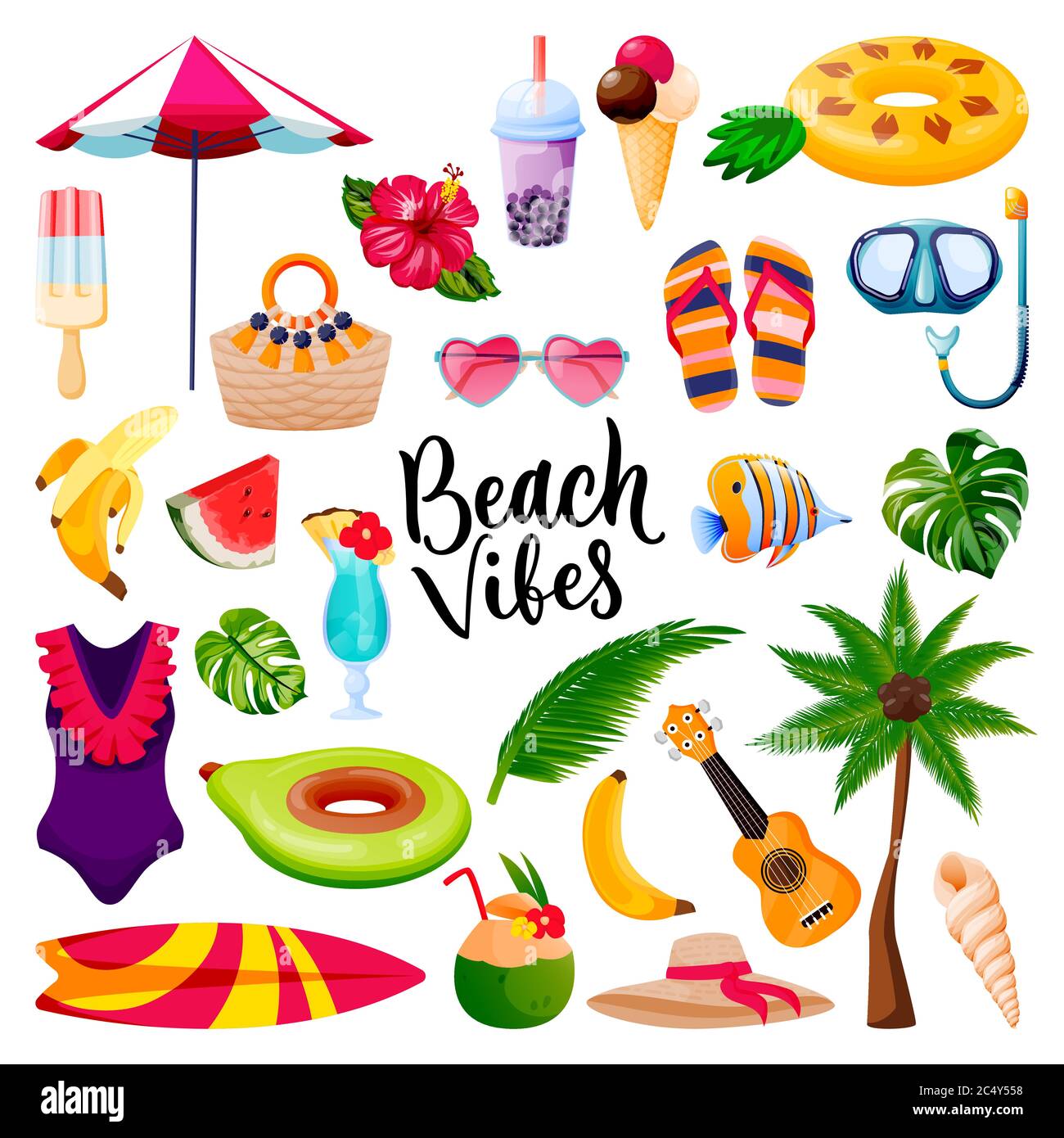 Décoration calligraphie, voyage d'été et éléments de design tropicaux sur la plage. Icônes de vacances, isolées sur fond blanc. Vecteur plat c Illustration de Vecteur