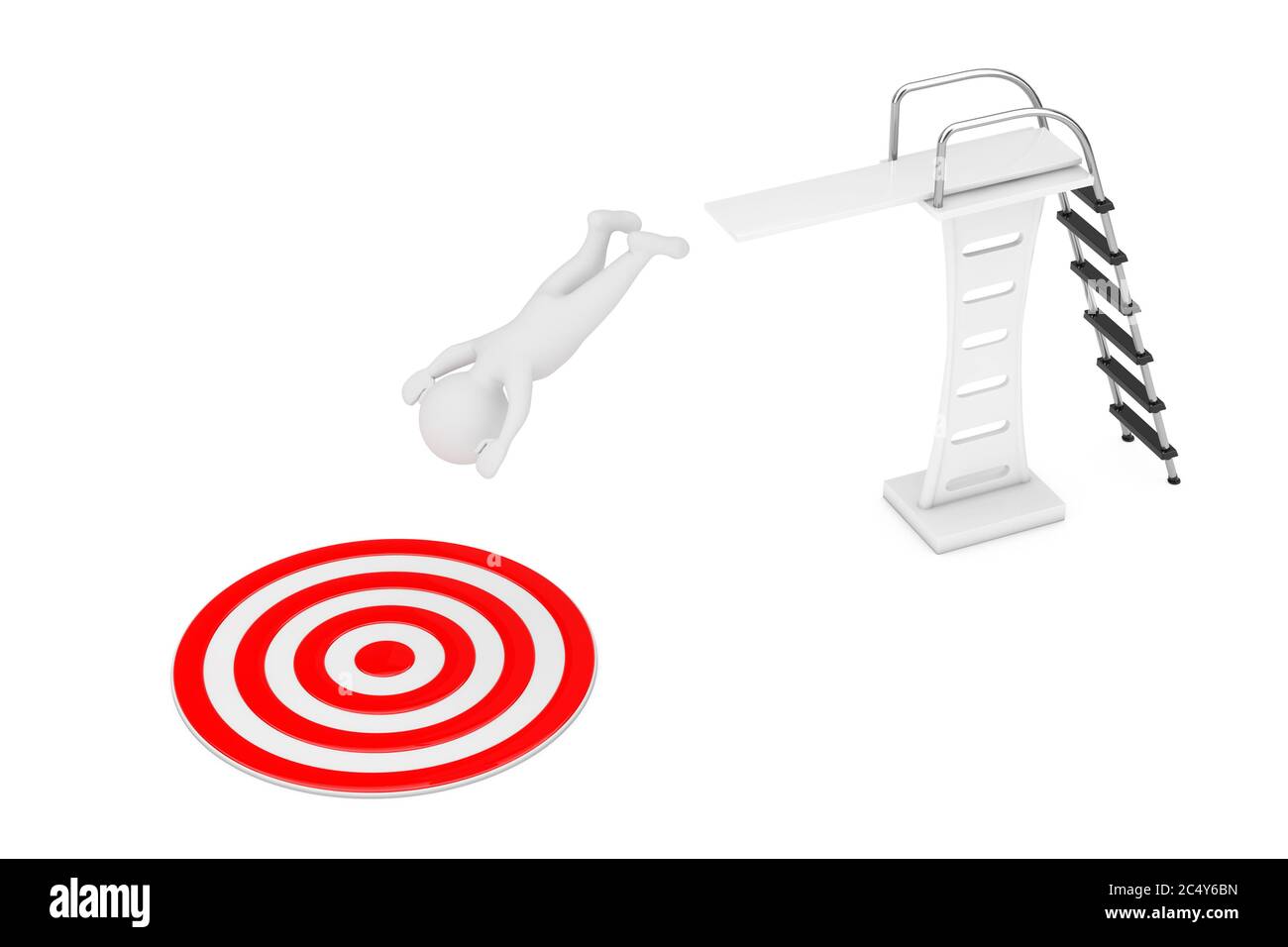 3d Person Jump Board to Red Target plate sur fond blanc. Rendu 3d. Banque D'Images