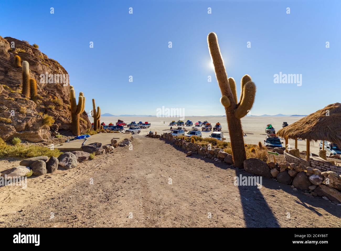 Uyuni, Bolivie - 01 octobre 2018 : visite de l'île d'Incahuasi (île de Cactus) située sur Salar de Uyuni, la plus grande surface de sel au monde, en B Banque D'Images