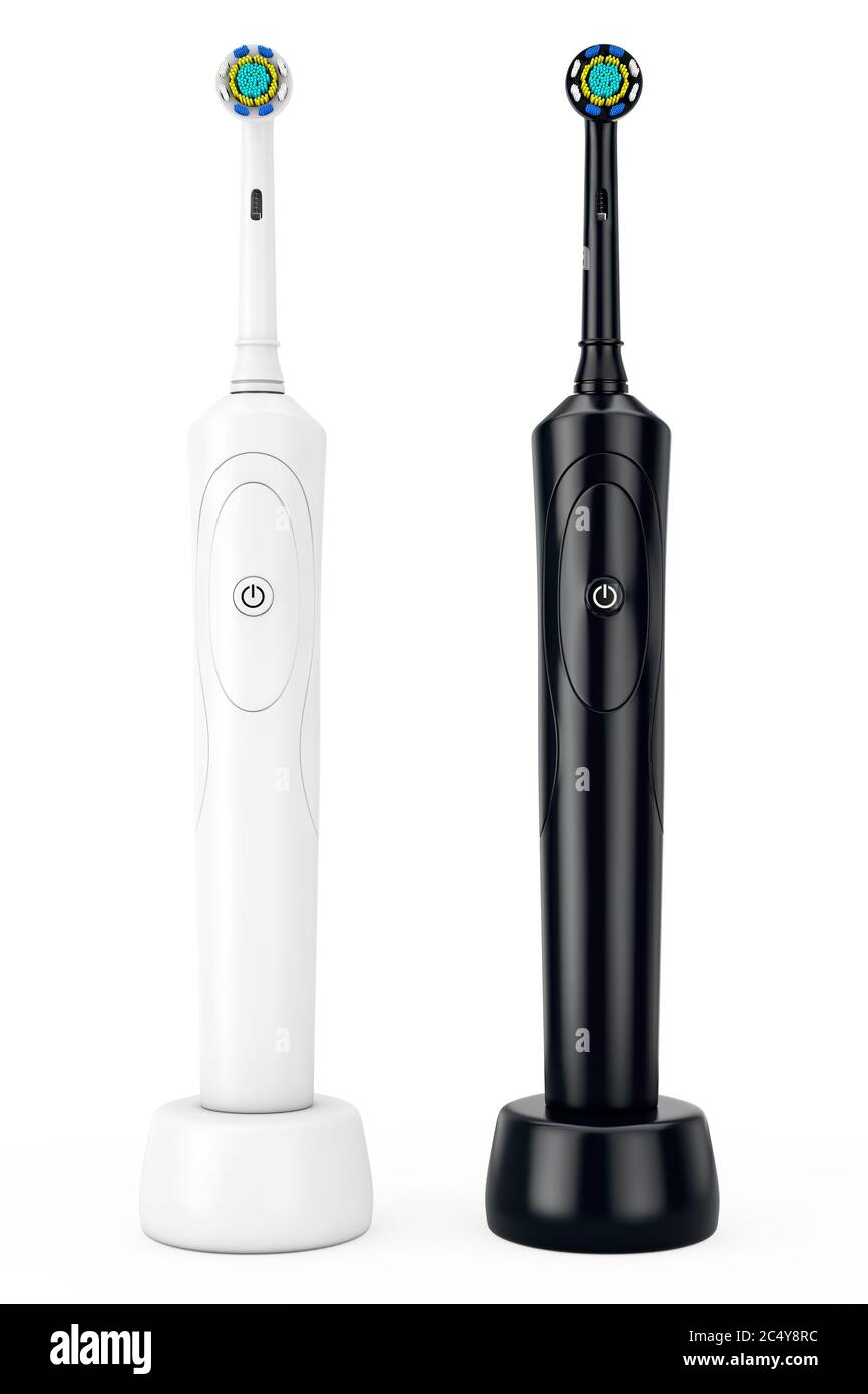 Nouvelles brosses à dents électriques blanches et noires sur un support de charge sur fond blanc. Rendu 3d Banque D'Images