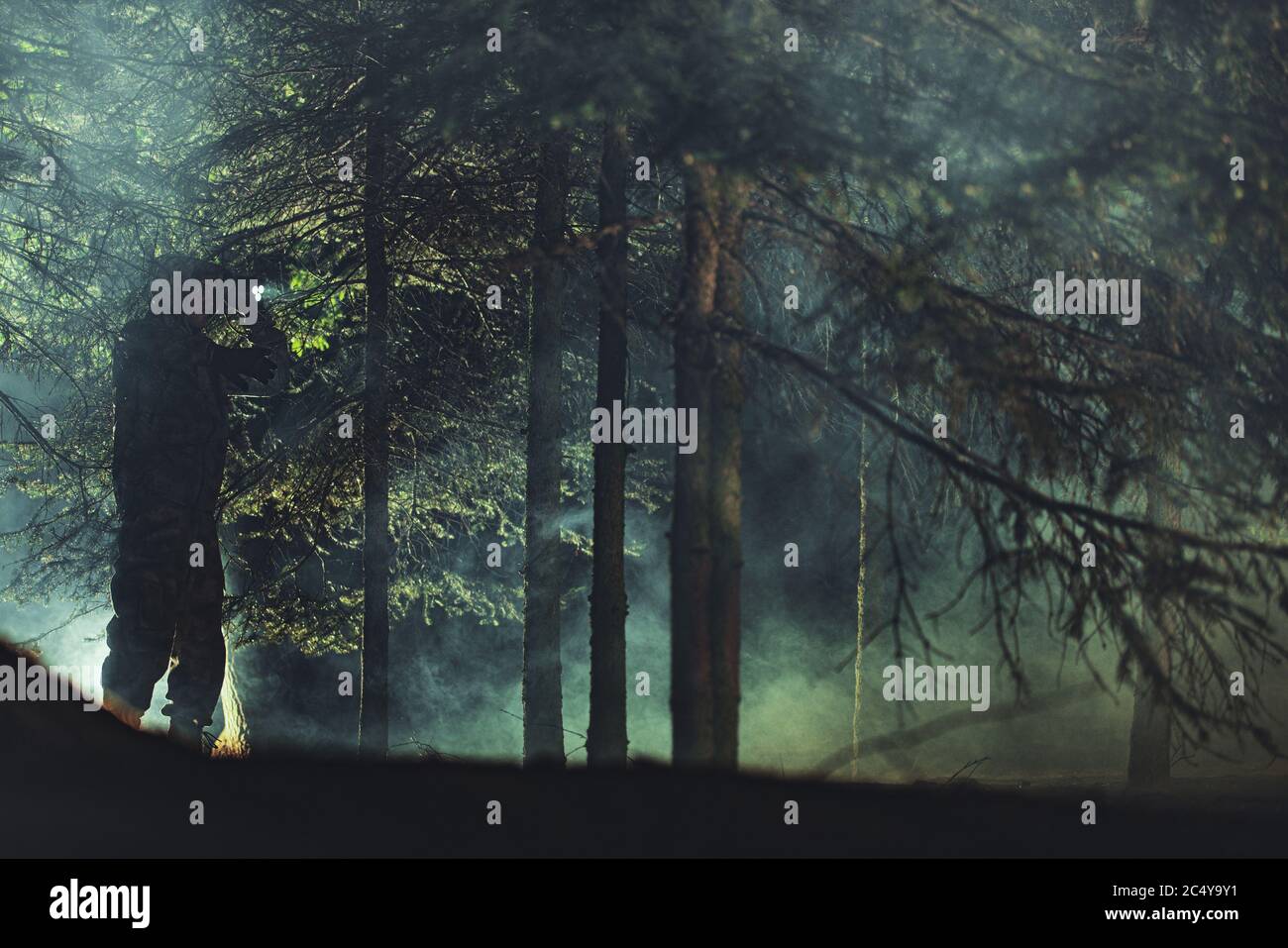 Mission de recherche et de sauvetage Memeber marcher tard la nuit dans la forêt à la recherche de personnes disparues. Banque D'Images