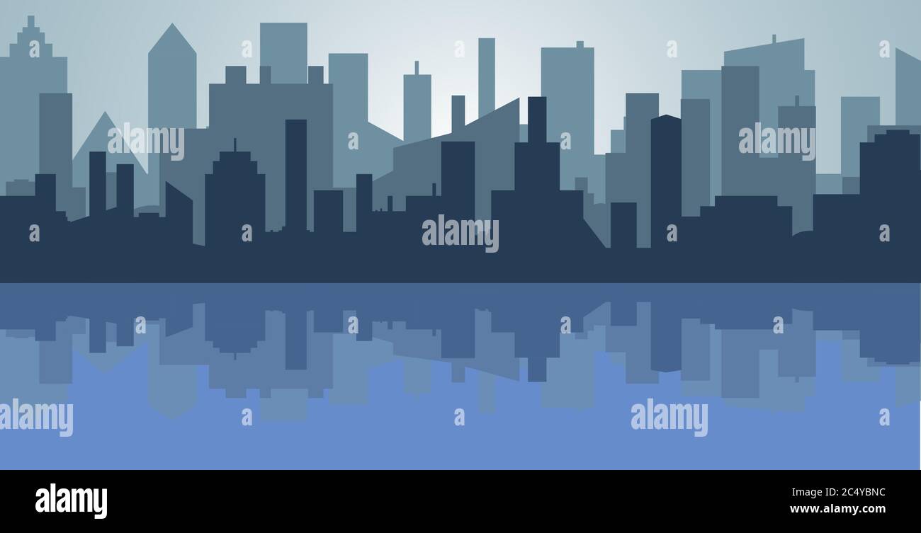 Silhouette de la ville de dessin animé sur le dos de l'ombre. Symbole vecteur urbain avec rivière . Illustration de Vecteur