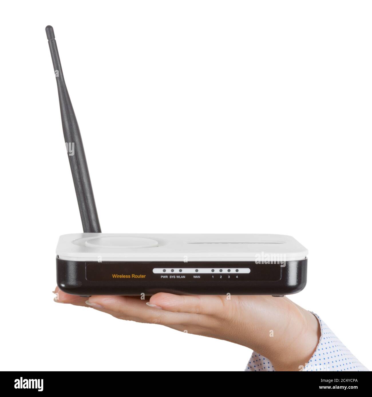 Modem routeur sans fil matériel sur Palm femme sur fond blanc Banque D'Images Modem routeur sans fil matériel sur Palm femme sur fond blanc Banque D'Images