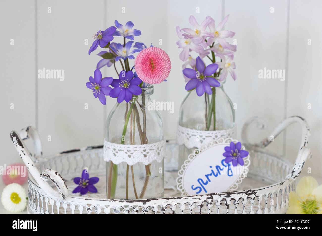 décoration florale de printemps avec fleurs dans des bouteilles en verre Banque D'Images