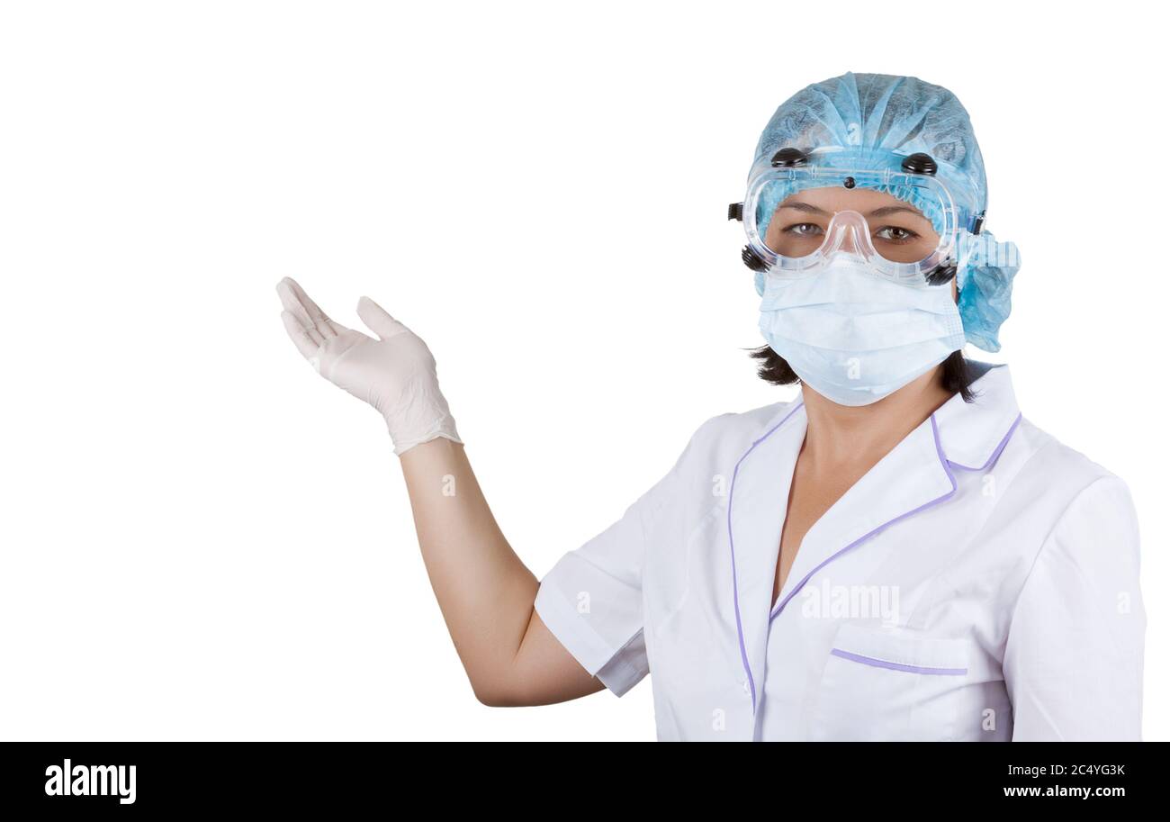 Jeune femme Docteur point à l'espace vide pour la vôtre Design sur un fond blanc Banque D'Images