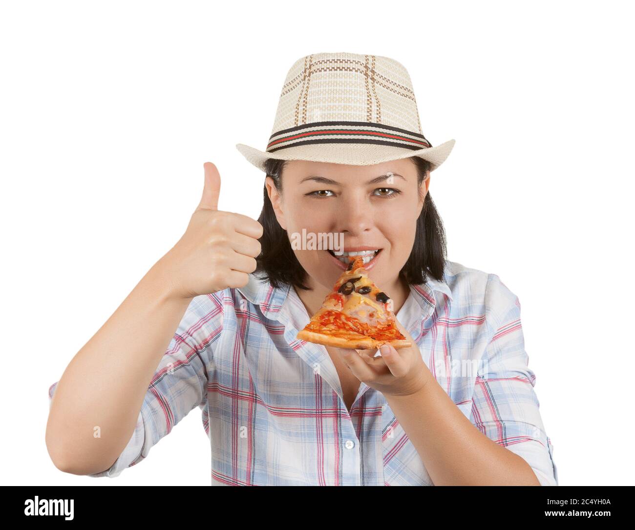 Belle jeune femme manger une tranche de pizza sur un fond blanc Banque D'Images