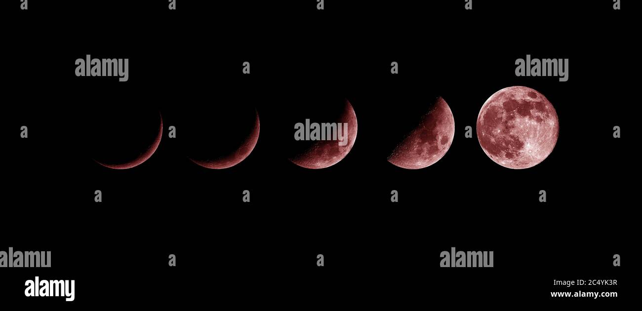 Phases de la lune. Croissance de la nouvelle lune, lune de sang. Banque D'Images
