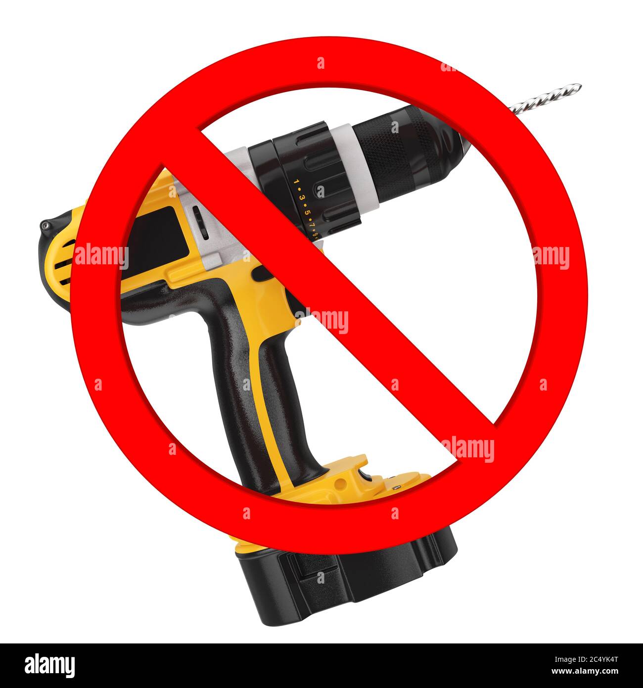 Ne pas percer l'affiche. Perceuse jaune rechargeable et sans fil en cercle rouge interdiction sur fond blanc. Rendu 3d Banque D'Images