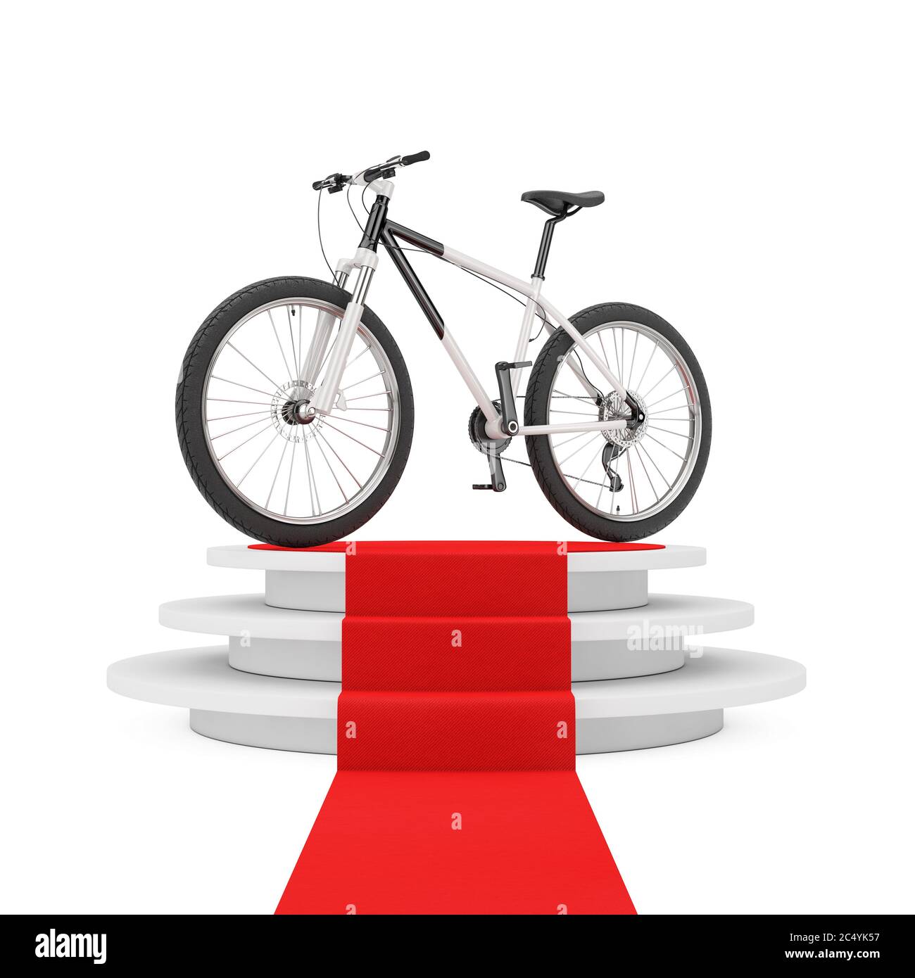 Vélo de montagne noir et blanc sur le podium gagnant avec tapis rouge sur fond blanc. Rendu 3d Banque D'Images
