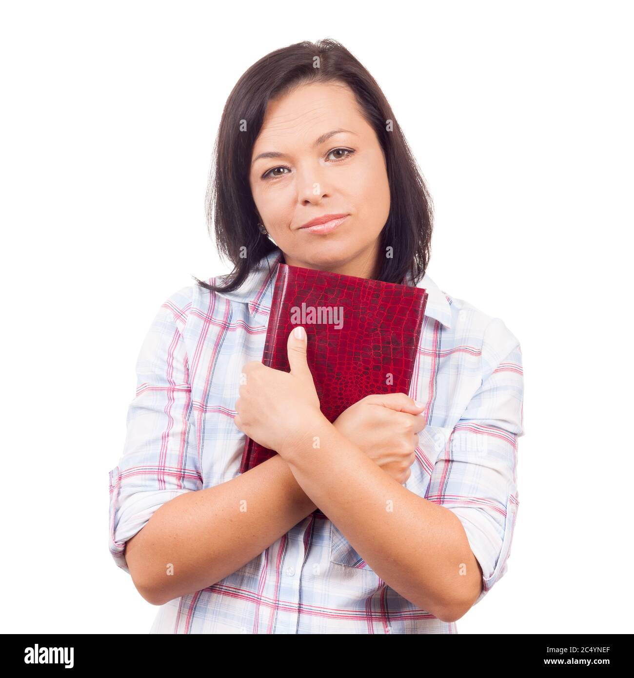 Belle jeune fille Сollege tient livre dans les mains sur un fond blanc Banque D'Images