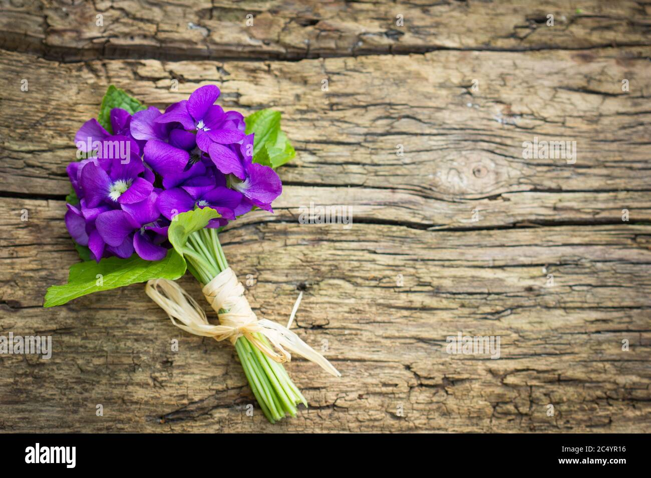Magnifique bouquet de violettes sur fond de bois Banque D'Images