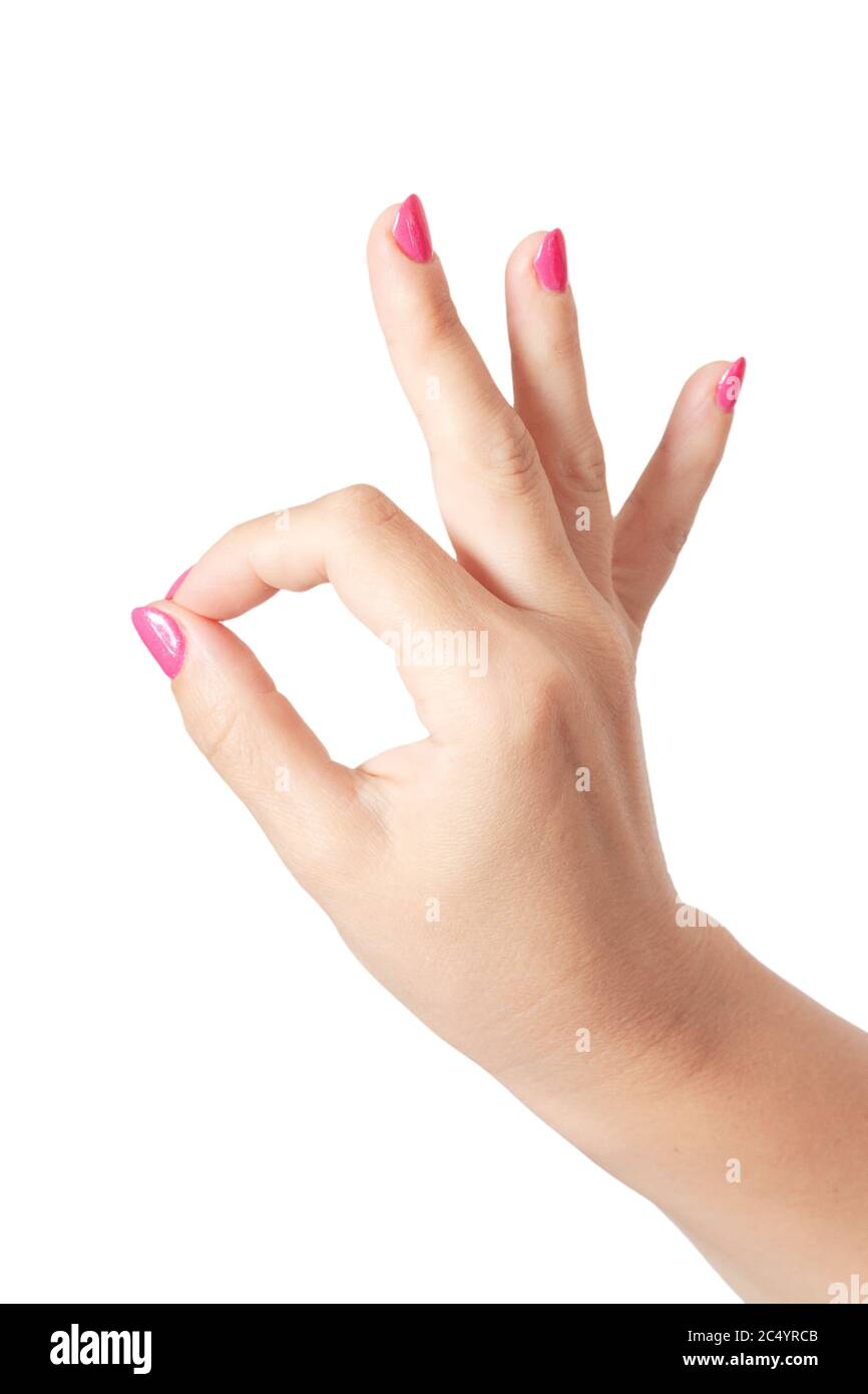 Femme main OK signe sur fond blanc Banque D'Images